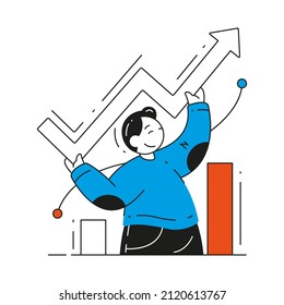 Business man holding arrow financial growth graph banking economic diagram vector flat illustration. Happy male employee finance growing profit increase marketing progress presentation isolated