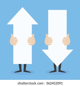 A business man holding  a up arrow and other holding a down arrow