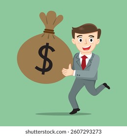 Business Man Holding Bag Of Money. Business Finance Money Success Image. illustration vector cartoon.
