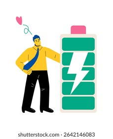 Business man holding battery with full charge. Enthusiastic concept. Flat vector illustration isolated on white background
