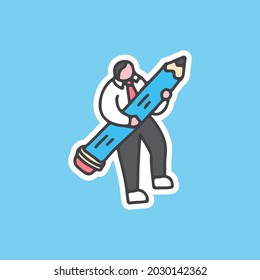 Business man holding big pencil illustration. Modern concept of business development and progress, startup growth, project management. For sticker or other uses.