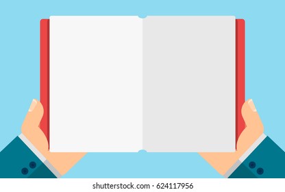 Business man holding a blank diary in hands. Empty space for your projects. Vector illustration in a flat style. Cover and paper pages