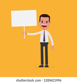 Business man holding blank sign, vector illustration set