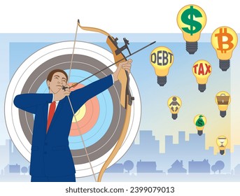 business man holding bow and arrow, aiming up at light bulb targets with business symbols, buildings in the background