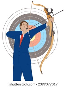 business man holding bow and arrow aiming up with target isolated on a white background