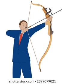 business man holding bow and arrow aiming up isolated on a white background