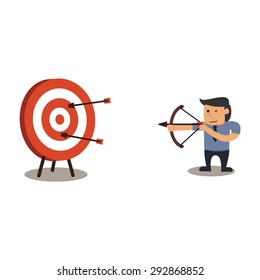 business man holding a bow and arrow in front of a target
