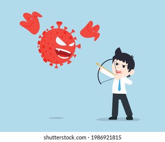 Business man holding a Bow and Fearlessly Aiming at the Coronavirus Covid. Be prepared and have nothing to fear.