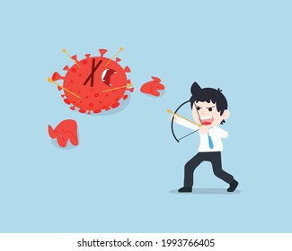 Business Man Holding a Bow and Fearlessly Shooting at Coronavirus Covid. Be prepared and have nothing to fear.
