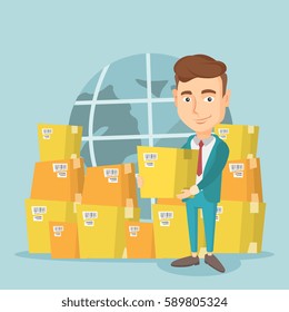 Business man holding box on the background of world map and packages. Man working in international delivery service. International delivery concept. Vector flat design illustration. Square layout.