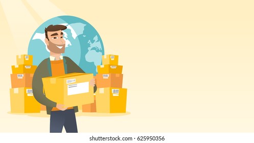 Empresario en el fondo del mapa mundial y paquetes. Hombre trabajando en el servicio internacional de entrega. Concepto de entrega internacional. Ilustración de diseño plano vectorial. Diseño horizontal.