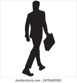 Business man holding briefcase walking silhouette, holding mobile, holding laptop, vector illustration isolated on white background