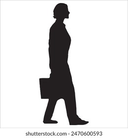 Business man holding briefcase walking silhouette, holding mobile, holding laptop, vector illustration isolated on white background