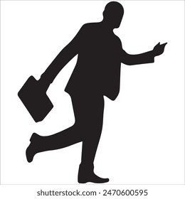 Business man holding briefcase walking silhouette, holding mobile, holding laptop, vector illustration isolated on white background