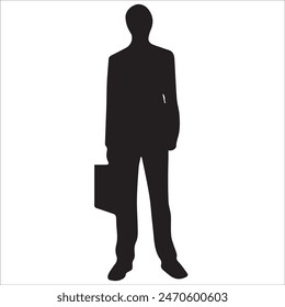 Business man holding briefcase walking silhouette, holding mobile, holding laptop, vector illustration isolated on white background