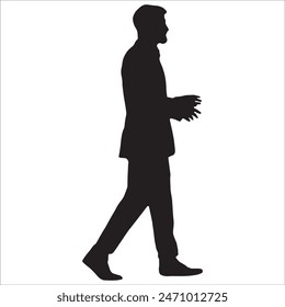 Business man holding briefcase walking silhouette, holding mobile, holding laptop, vector illustration isolated on white background