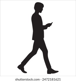 Business man holding briefcase walking silhouette, holding mobile, holding laptop, vector illustration isolated on white background
