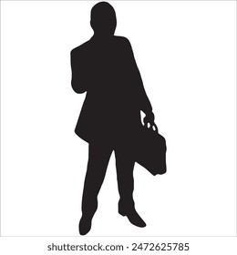 Business man holding briefcase walking silhouette, holding mobile, holding laptop, vector illustration isolated on white background