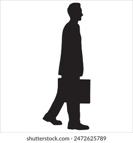 Business man holding briefcase walking silhouette, holding mobile, holding laptop, vector illustration isolated on white background