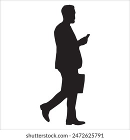 Business man holding briefcase walking silhouette, holding mobile, holding laptop, vector illustration isolated on white background