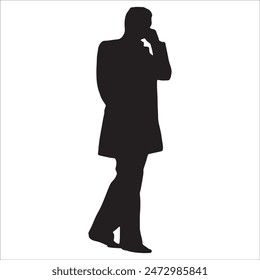 Business man holding briefcase walking silhouette, holding mobile, holding laptop, vector illustration isolated on white background