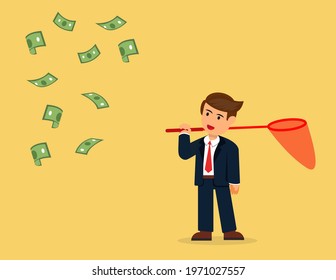 Business man holding a butterfly net and  look at the falling money. business opportunities concept