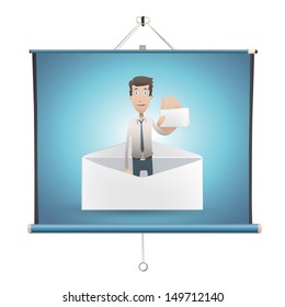 Business man holding card over projector screen. Vector design