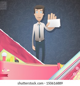 Business man holding a card over vintage background. Vector design.