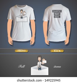 Business man holding card printed on white shirt. Vector design 