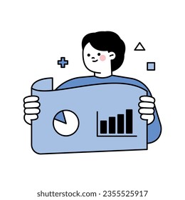 A business man is holding a chart with a graph drawn on it. Business People. Vector design in blue monocolor with outline.
