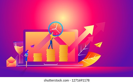 Business man holding clock on his hand. Time management concept. Vector, Illustration, Flat.