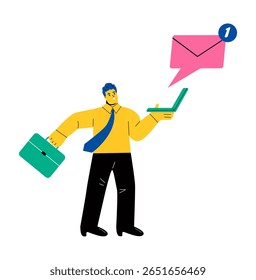 Homem de negócios segurando computador mostra o e-mail recebido. Ilustração de vetor plano isolada no plano de fundo branco
