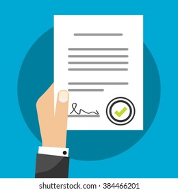 Business Man Holding Contract Agreement Vector Illustration Signed Treaty Paper, Legal Document Symbol With Stamp, Documentation Flat Sign Modern Design Isolated