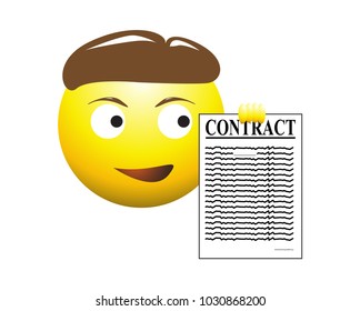 A business man holding a contract emoticon isolated on a white background