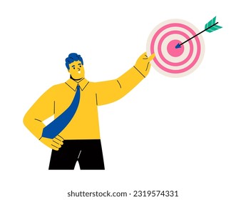 Business man holding dart target. Business success, achieving goal, leadership concept. Flat vector illustration isolated on white background
