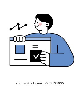 Un hombre de negocios mantiene una página web de datos. Empresarios. Diseño vectorial en monocolor azul con contorno.
