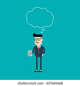 Business Man Holding Digital Tablet And Speaking Bubble On Head, Business Concept, Flat Style Vector Illustration EPS 10.