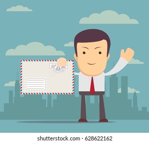 Business man holding envelope on background. for use in presentations. Vector