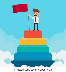 Business man holding a flag on staircase. Success concept. Cartoon Vector Illustration.