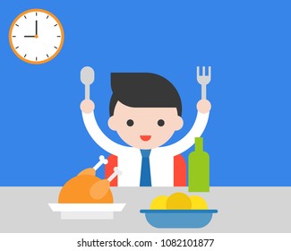 Business man holding fork and spoon eating breakfast, healthy concept flat design