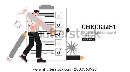Business man holding giant pencil looking at completed checklist on clipboard marking tasks. Concept of effective daily planning and time management. Vector illustration web banner or ui character.