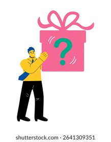 Business man holding gift box with a question mark. Flat vector illustration isolated on white background 
