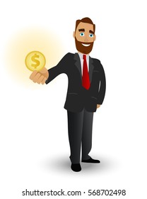 Business man holding a gold coin, a symbol of success in business, strong financial performance and wealth. Illustration isolated on white background.