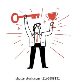 Business man holding up a gold key and trophy cup. Business to successful concept. Hand drawn vector illustrations.