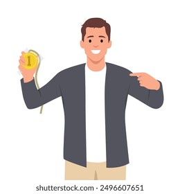 Business man holding gold medal. Flat vector illustration isolated on white background