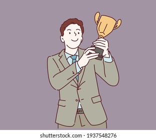 Business man holding up a gold trophy cup. Business to successful concept. Hand drawn in thin line style, vector illustrations.