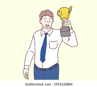 Business man holding up a gold trophy cup. Business to successful concept. Hand drawn in thin line style, vector illustrations.