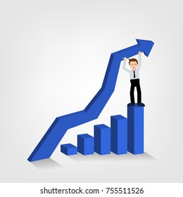 Business man holding graph arrow high up standing on top of business graph.