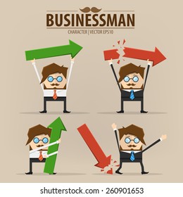 Business man holding a green arrow up indicating success,Business man holding a red arrow down indicating failure.