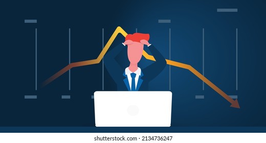 Business Man Holding His Head While Sitting Behind a Laptop Computer - Diagram Showing Profit Loss, Economic Downfall, Crisis, Downward Trend in the Background - Vector Design Concept